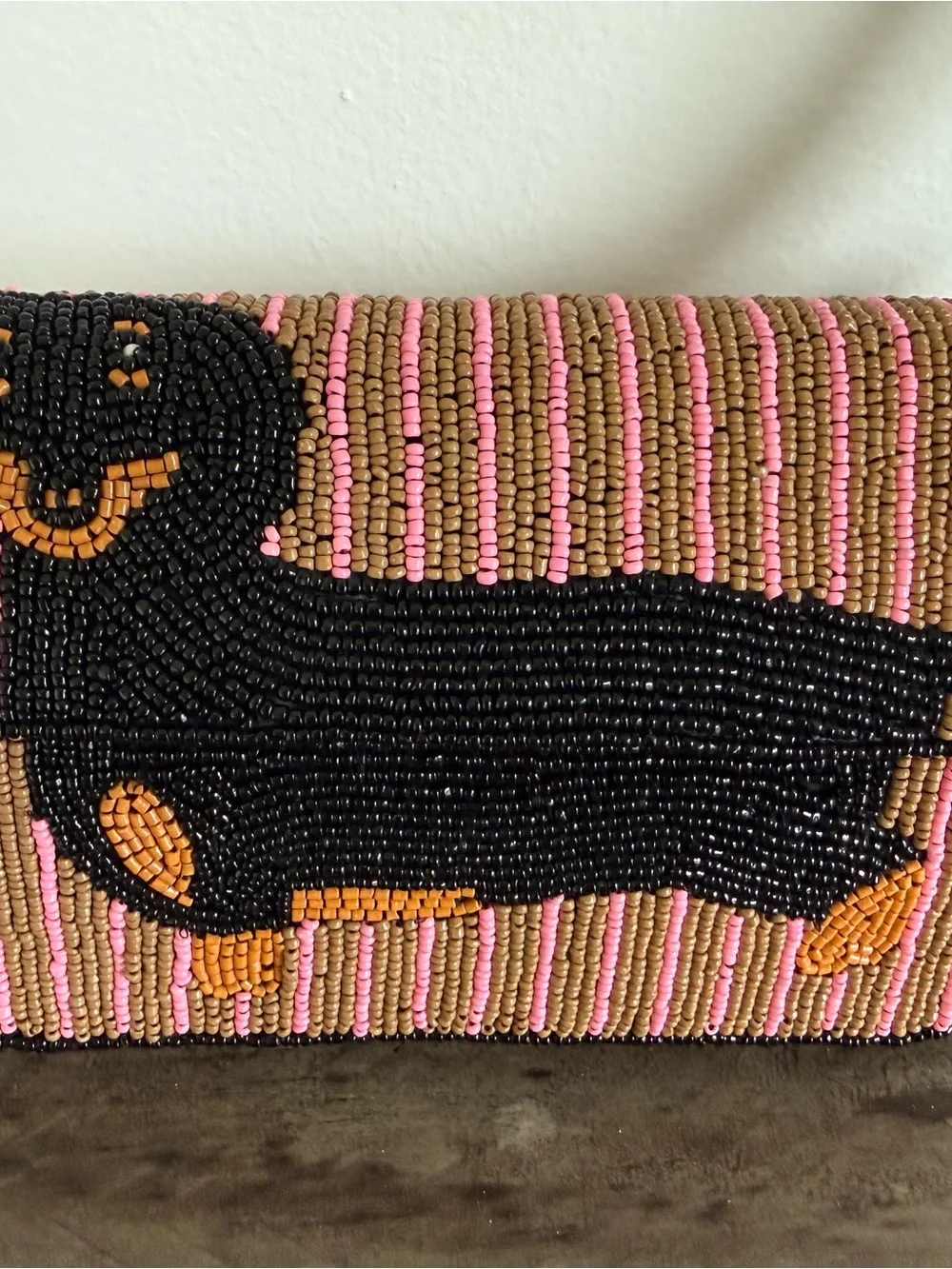 Anthropologie Pink & Black Beaded Dachshund Shoulder Bag